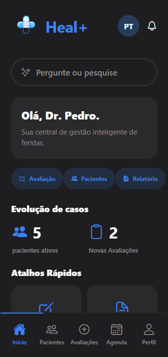 Tela inicial real do aplicativo Heal+